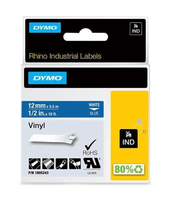 Dymo rhino cinta de etiquetas industrial adhesiva id1-12, blanco sobre azul de 12mmx5´5m, vinilo