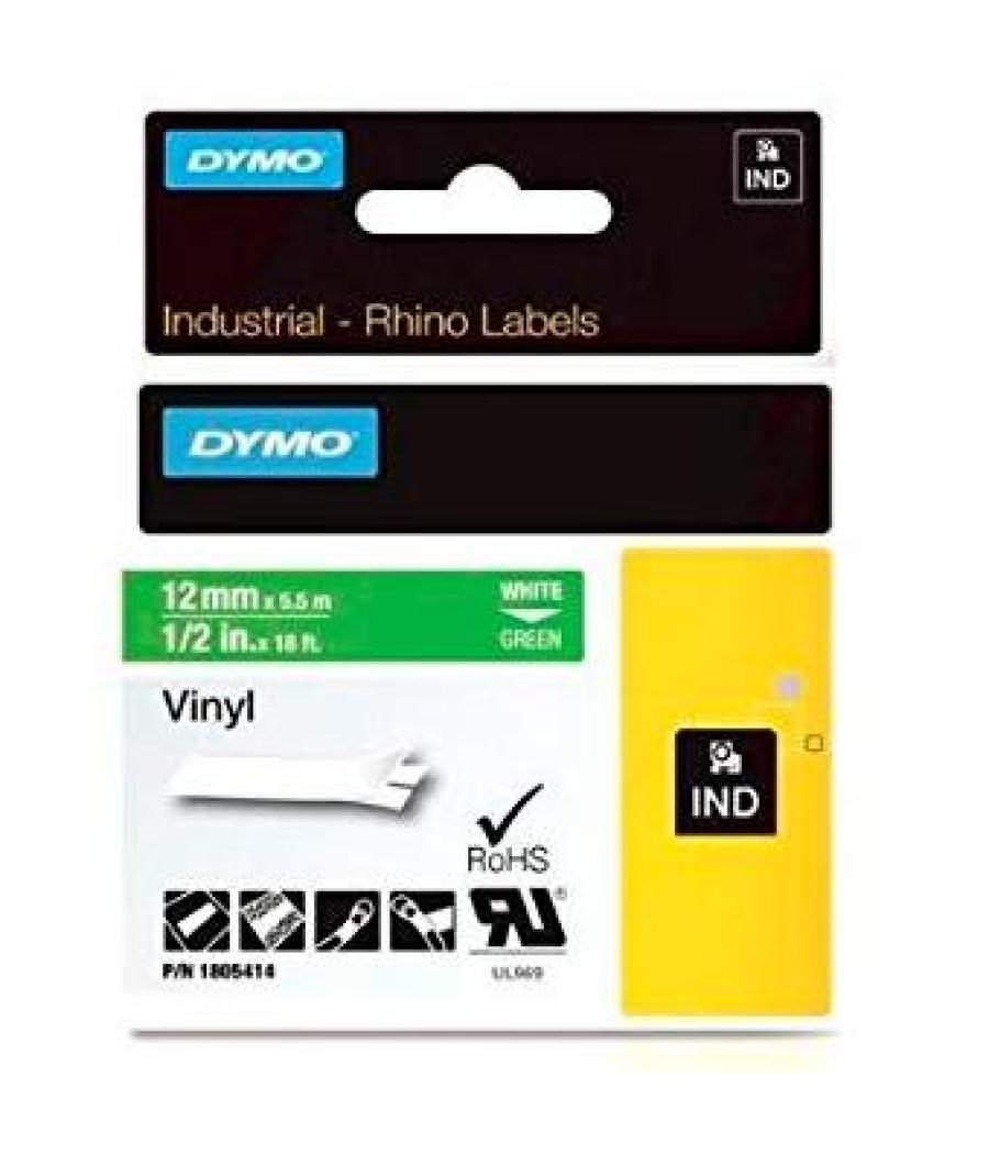 Dymo rhino cinta de etiquetas industrial adhesiva id1-12, blanco sobre verde de 12mmx5´5m, vinilo