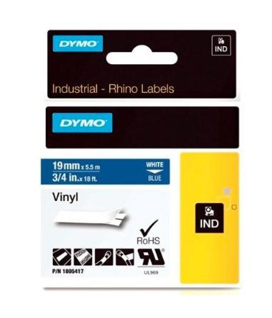 Dymo rhino cinta de etiquetas industrial adhesiva id1-19, blanco sobre azul de 19mmx5´5 m, vinilo