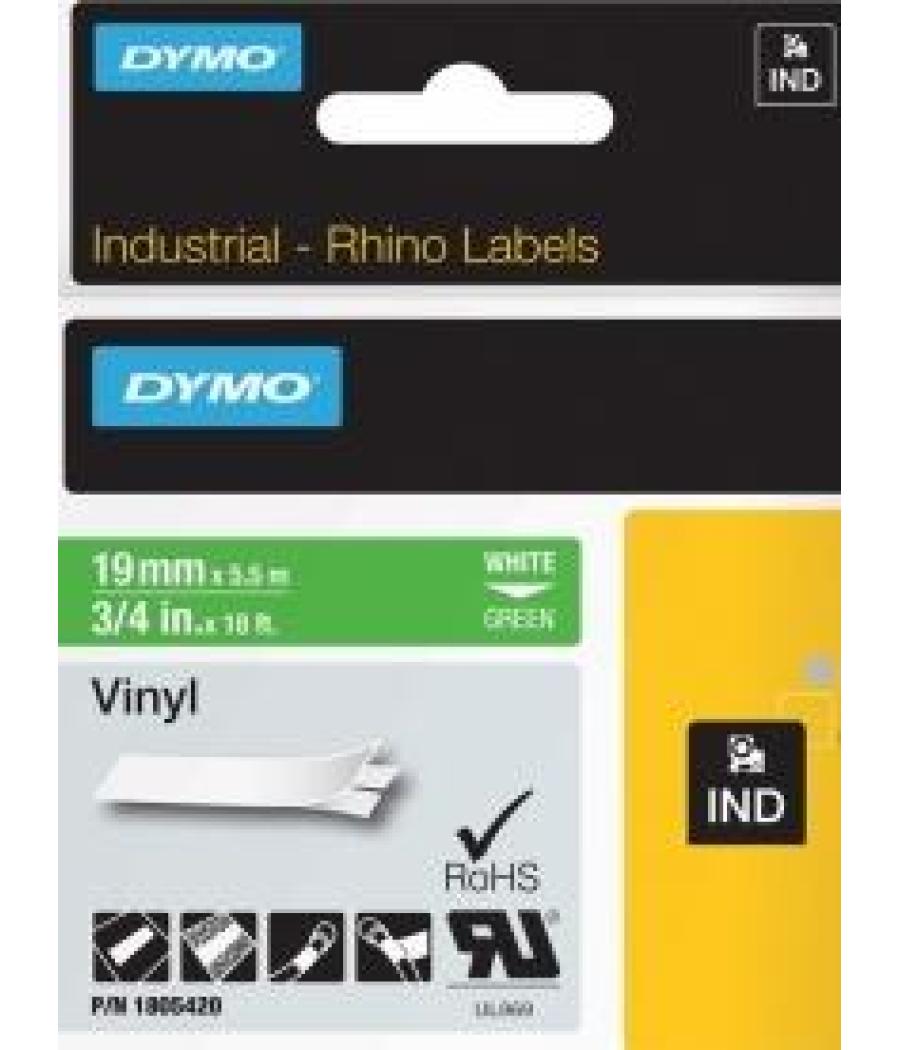 Dymo rhino cinta de etiquetas industrial adhesiva id1-19, blanco sobre verde de 19mmx5´5m, vinilo