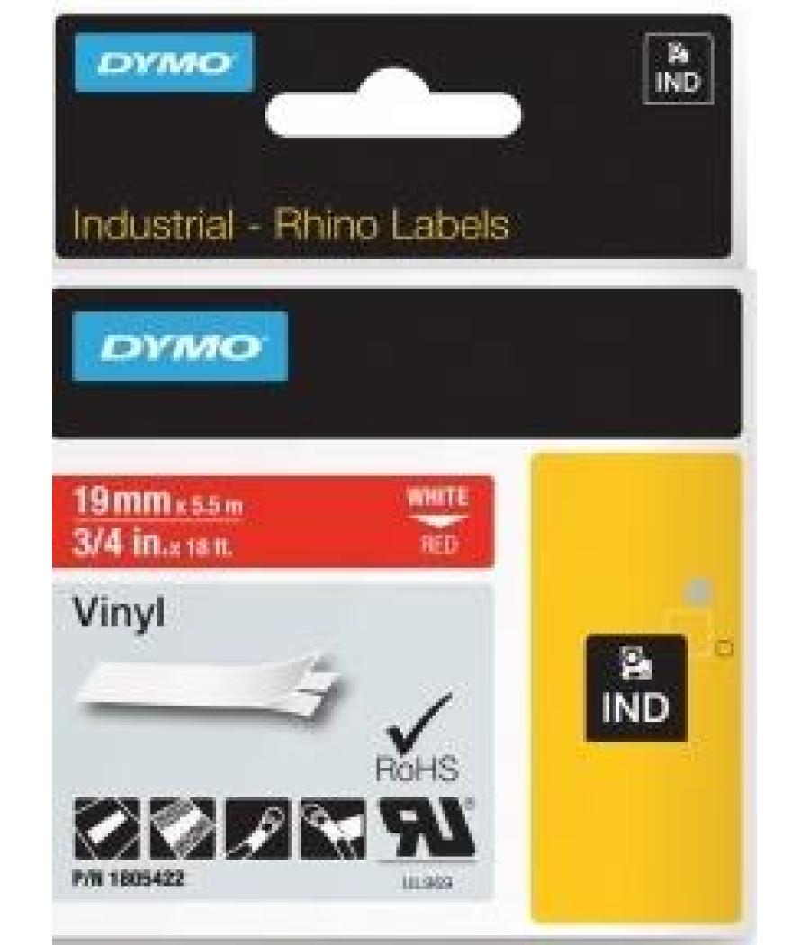 Dymo rhino cinta de etiquetas industrial adhesiva id1-19, blanco sobre rojo de 19mmx5´5m, vinilo
