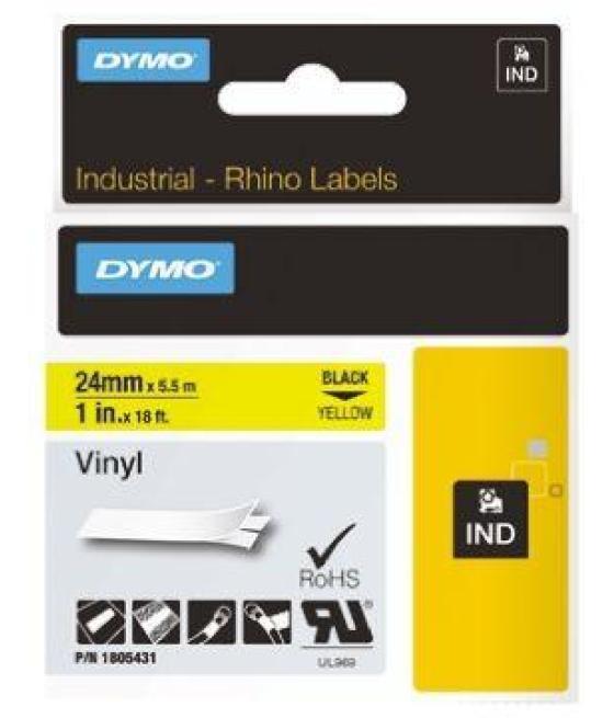 Dymo rhino cinta de etiquetas industrial adhesiva id1-24, negro sobre amarillo de 24mmx5´5m, vinilo