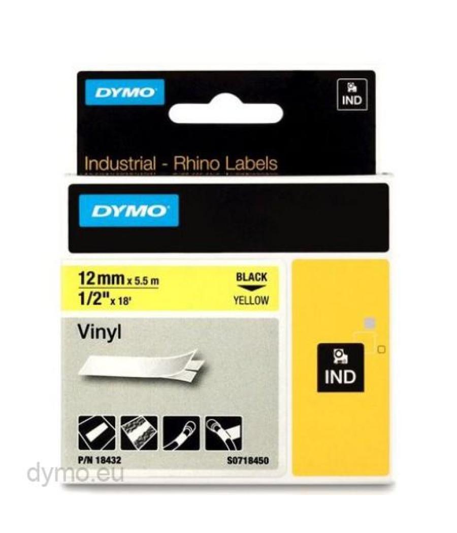 Dymo rhino cinta de etiquetas industrial adhesiva id1-12, negro sobre amarillo de 12mmx5´5m, vinilo (s0718450)
