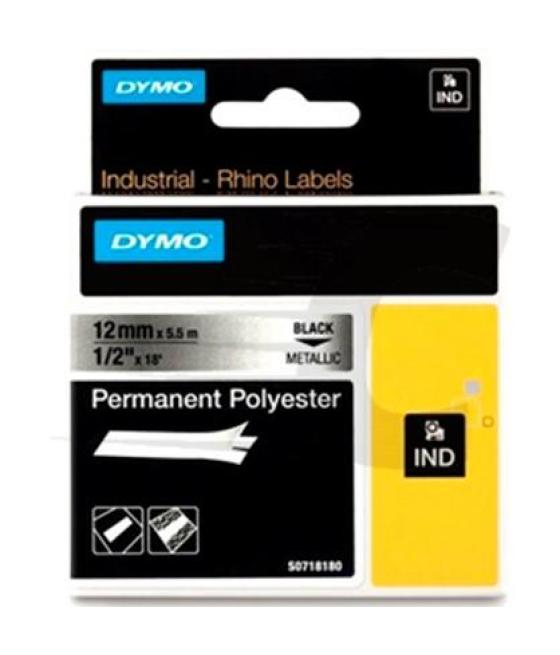 Dymo rhino cinta de etiquetas industrial adhesiva id1-12, negro sobre plateado de 12mmx5´5m, poliester (s0718180)
