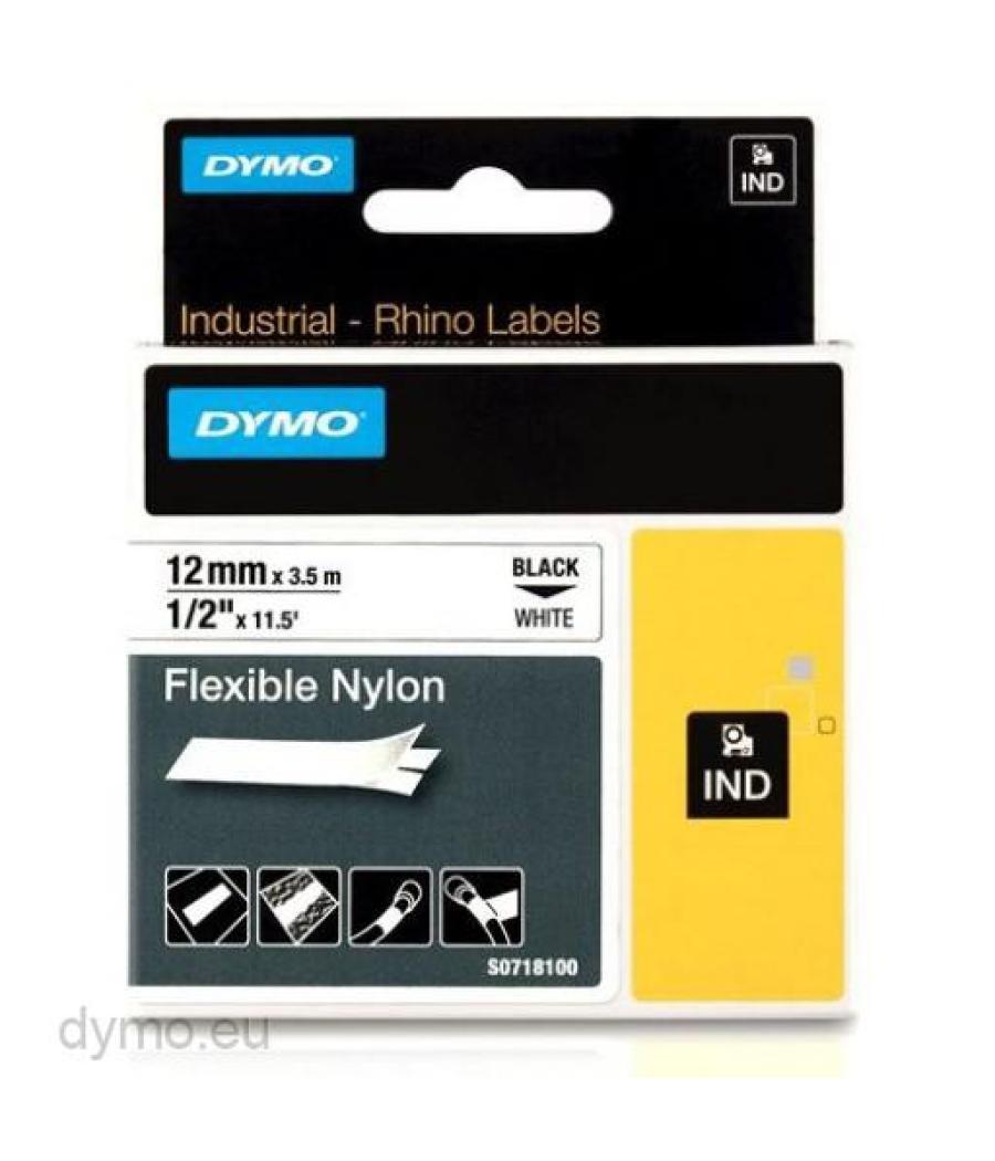 Dymo rhino cinta de etiquetas industrial adhesiva id1-12, negro sobre blanco de 12mmx3´5m, nylon flexible (s0718100)