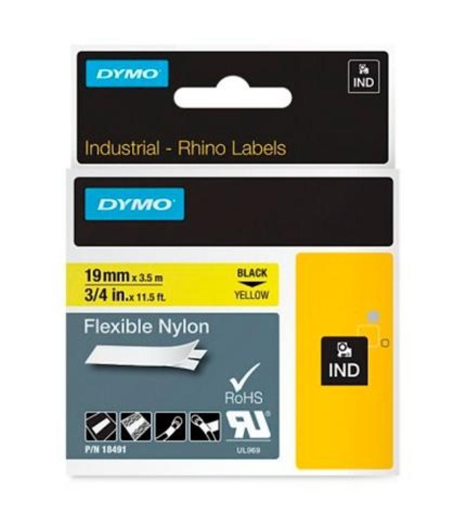 Dymo rhino cinta de etiquetas industrial adhesiva id1-19, negro sobre amarillo de 19mmx3´5 m, nylon flexible (s0718090)