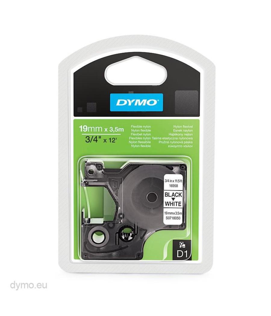 Dymo cinta de transferencia térmica d1 16958. etiquetas estándar negro sobre blanco de 19mmx3,5m. nylon flexible autoadhesiva. r