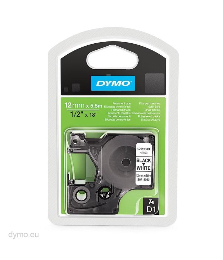 Dymo cinta de poliester permanente d1 16959, negro sobre blanco de 12mmx5.5mm