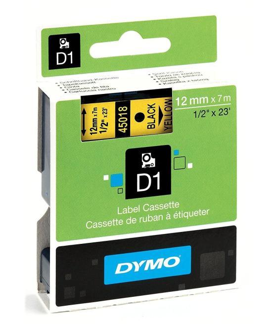 Dymo cinta de transferencia termica d1 45018. etiquetas estándar negro sobre amarillo de 12mmx7m.poliester autoadhesiva. rotulad