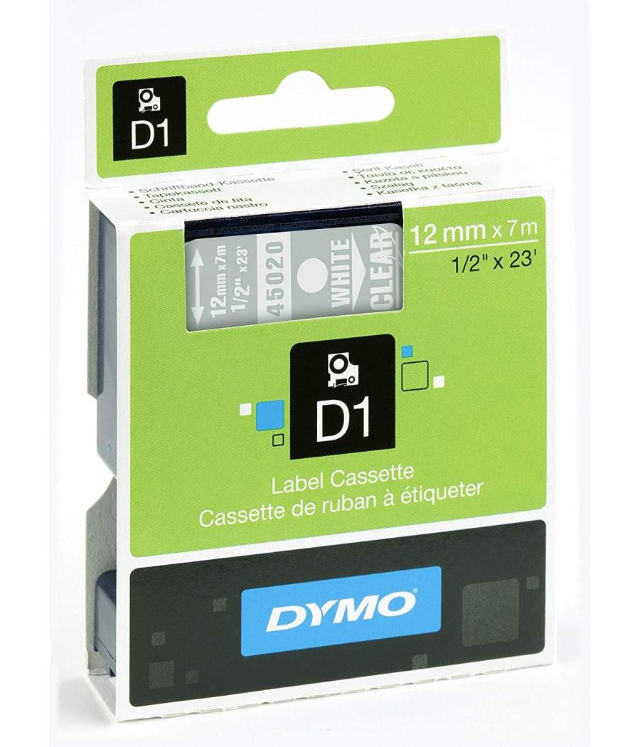 Dymo cinta de transferencia termica d1 45020, etiquetas estándar blanco sobre transparente de 12mmx7m, poliester autoadhesiva. r