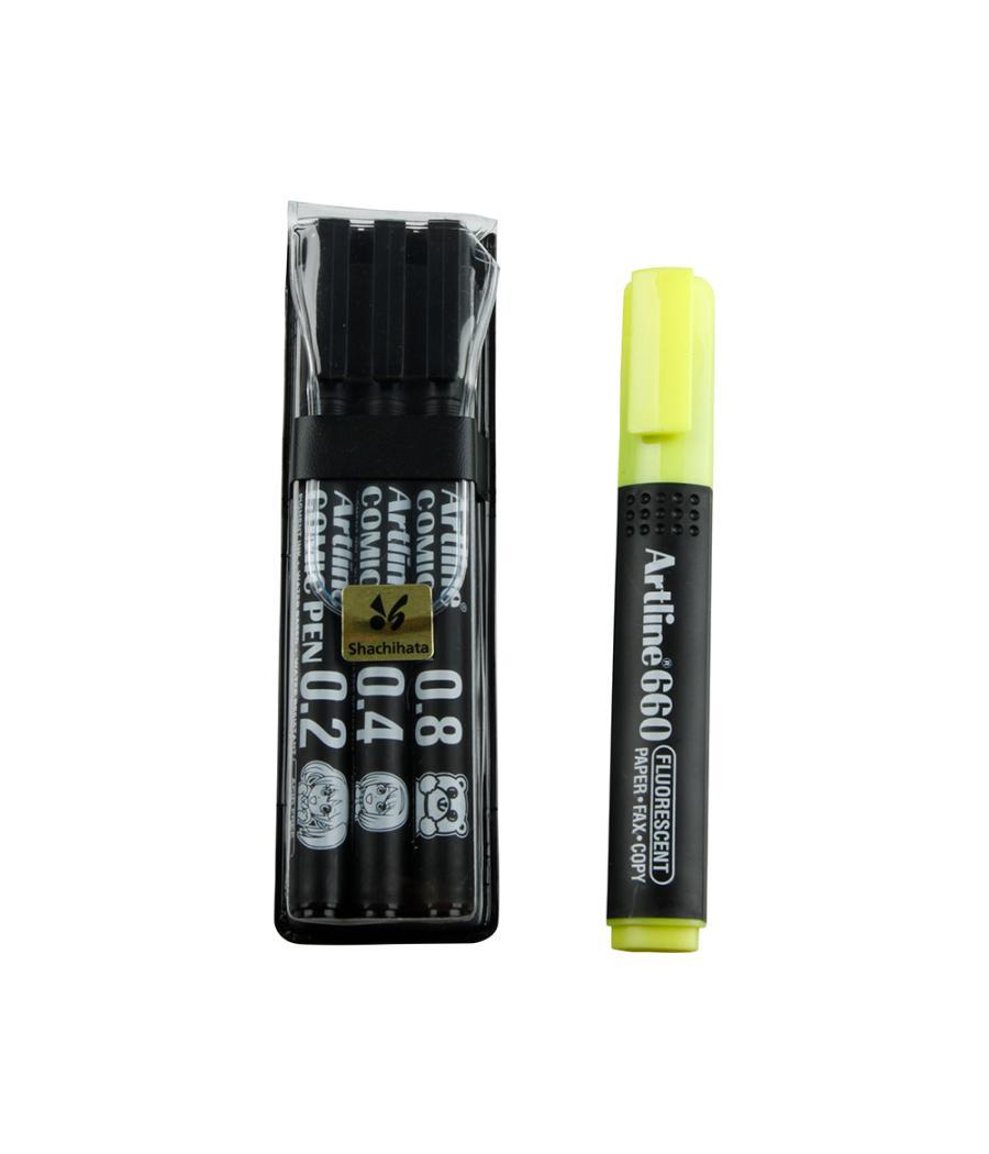 Rotulador artline comic pen calibrado micrométrico negro bolsa de 3 uds 0,2 0,4 0,8 + permanente 853