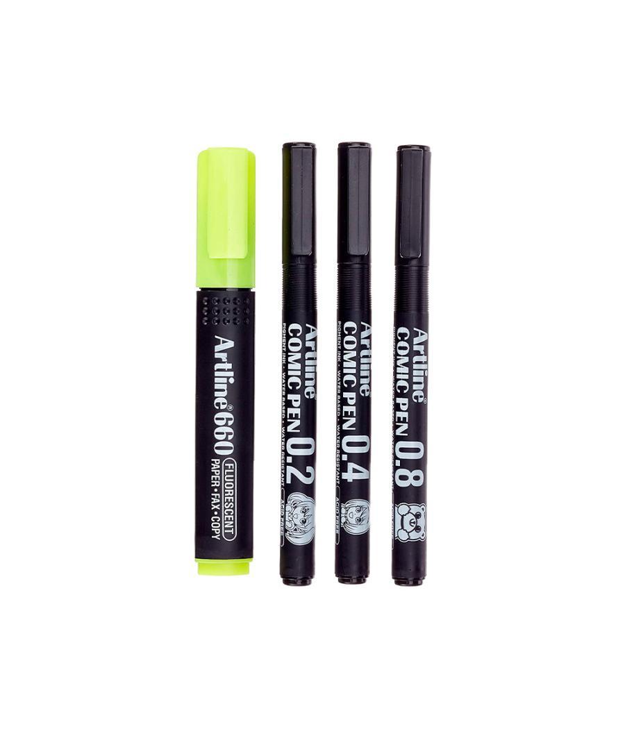 Rotulador artline comic pen calibrado micrométrico negro bolsa de 3 uds 0,2 0,4 0,8 + permanente 853