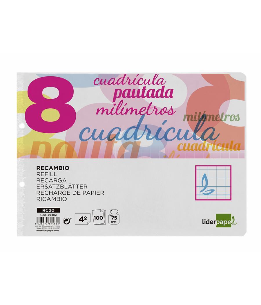 Recambio liderpapel cuarto apaisado pautaguia 100 hojas 75 g cuadriculado pautado 8 mm con margen 2 taladros