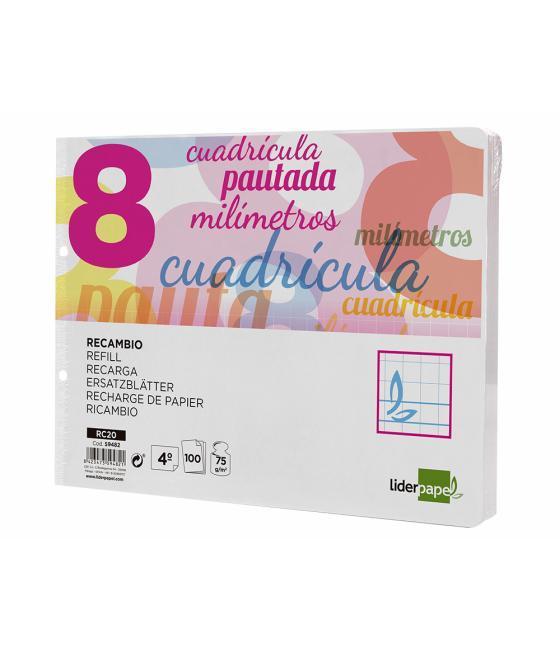 Recambio liderpapel cuarto apaisado pautaguia 100 hojas 75 g cuadriculado pautado 8 mm con margen 2 taladros