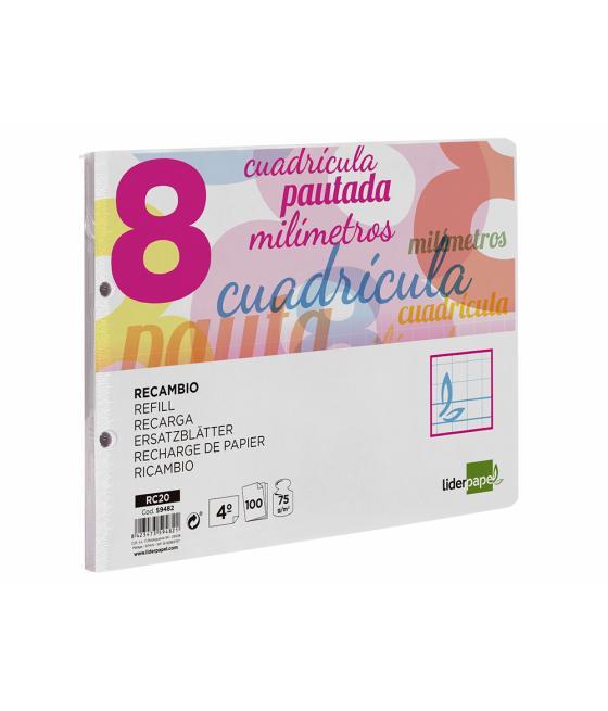 Recambio liderpapel cuarto apaisado pautaguia 100 hojas 75 g cuadriculado pautado 8 mm con margen 2 taladros