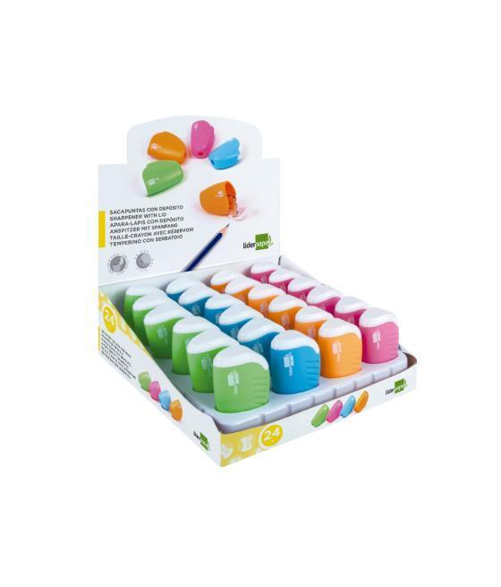 Sacapuntas liderpapel plástico 1 uso con depósito colores surtidos