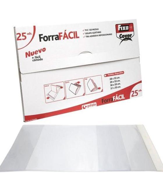 Fixo forro libros sin adhesivo solapa ajustable pvc 120 micras 0,29x0,53m transparente caja 25