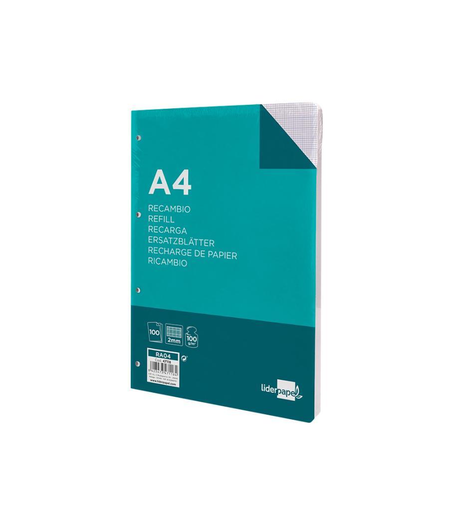 Recambio liderpapel a4 100 hojas 100g/m2 cuadro 2mm con margen 4 taladros