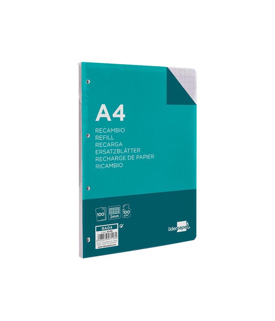 Recambio liderpapel a4 100 hojas 100g/m2 cuadro 2mm con margen 4 taladros