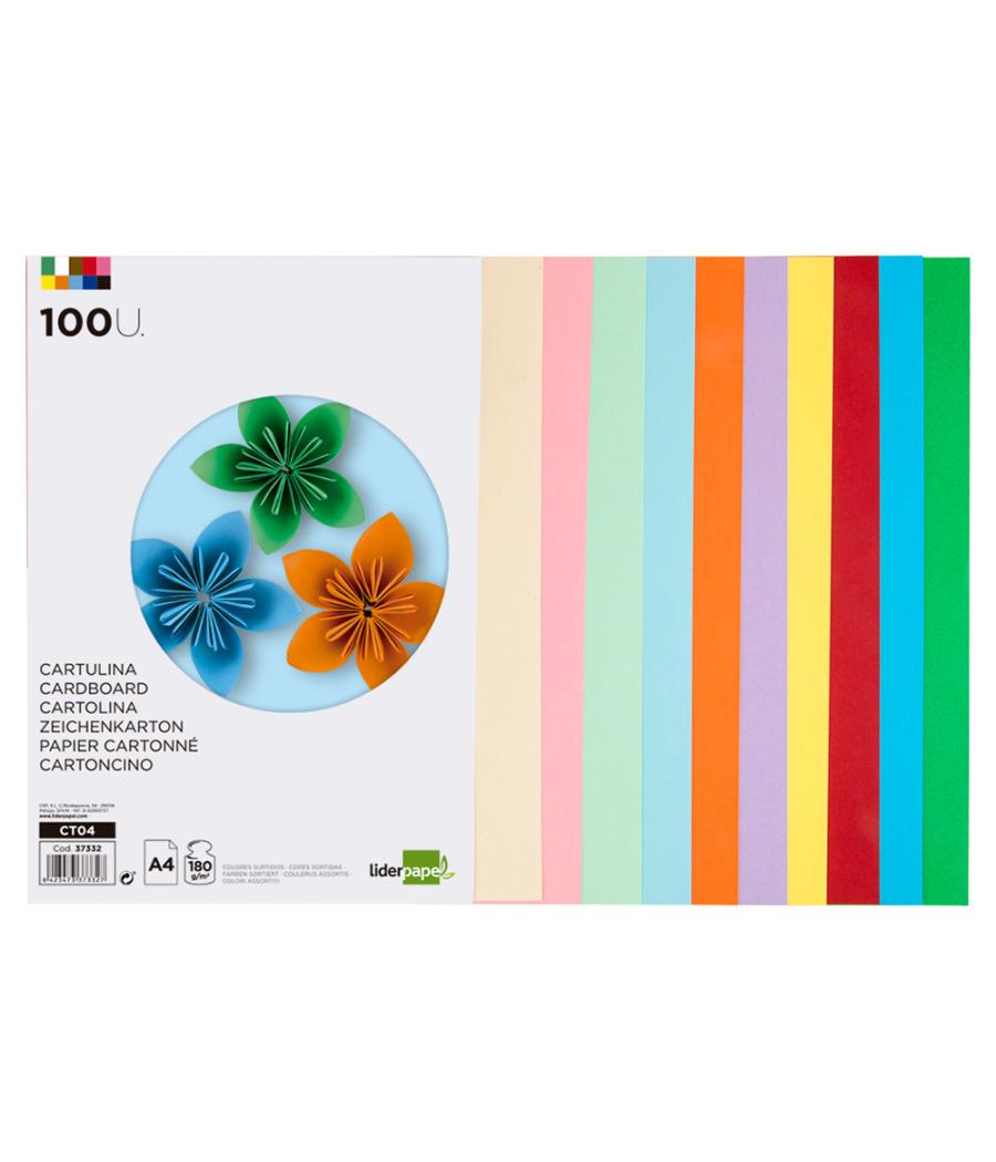 Cartulina liderpapel a4 180g/m2 10 colores surtidos paquete de 100 hojas