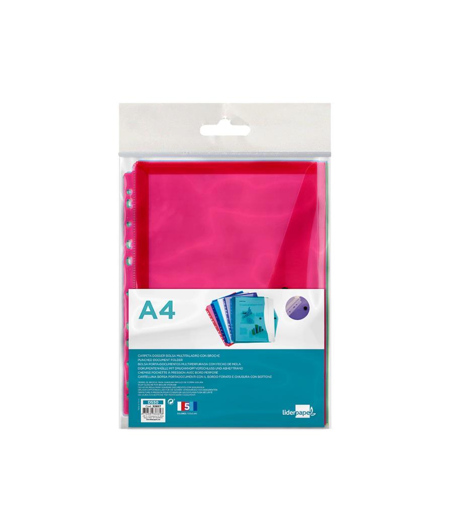 Carpeta liderpapel dossier broche 36669 polipropileno din a4 pack de 5 col.surtidos transparente multitaladro