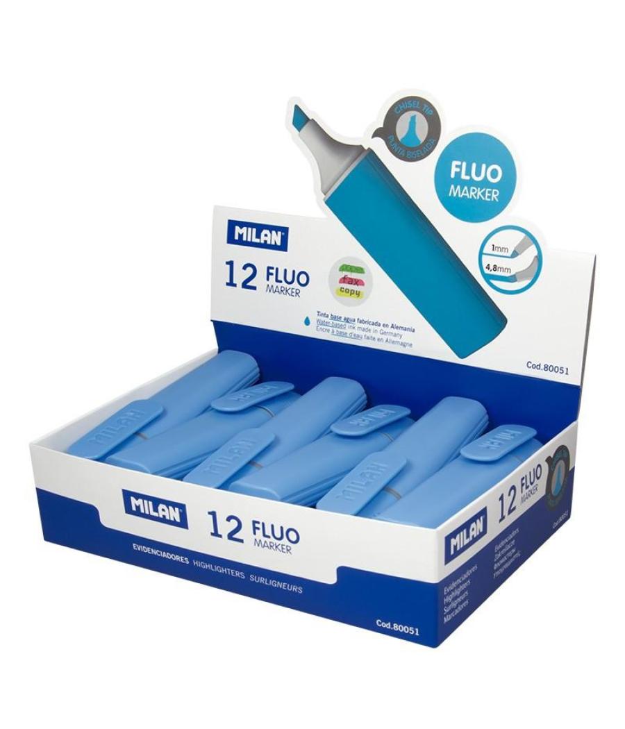 Milan marcador fluorescente fluo azul punta biselada caja expositora 12u