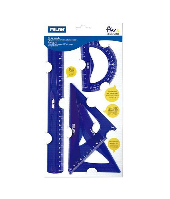 Milan reglas flex&resistant 30cm azul translucido kit 4 piezas