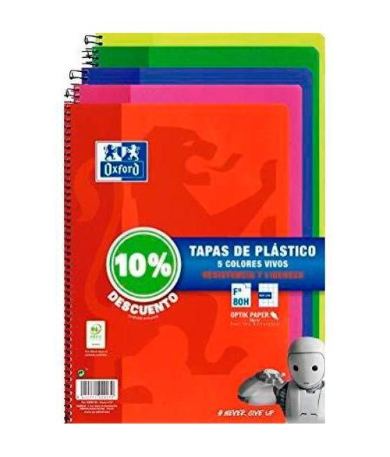 Oxford cuaderno espiral 80 hojas 4x4 con margen tapas de plástico folio colores vivos (10% dto) -pack 5u-