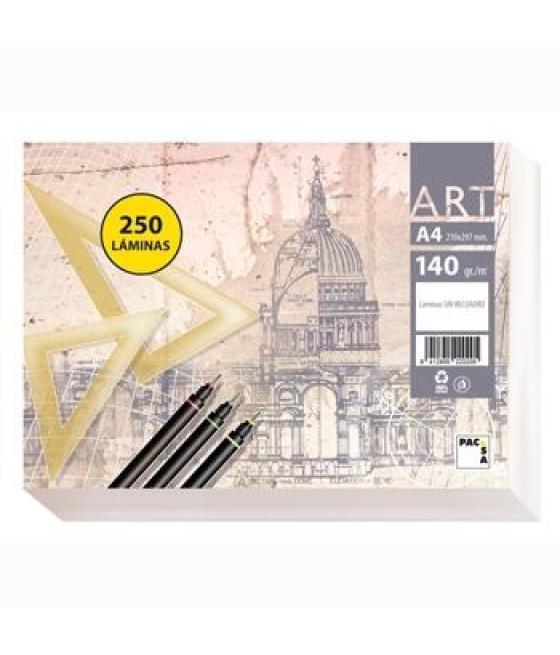 Pacsa papel de dibujo serie art paquete 250 láminas a4 140gr liso sin recuadro blanco