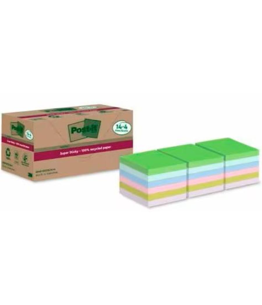 Post-it bloc notas 70h super sticky 76x76mm 100% reciclado pack 14+4 colores pastel