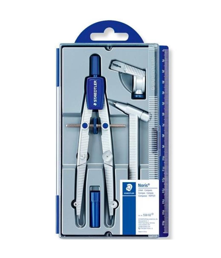 Staedtler set de compás escolar noris 550 estuche con rueda central alargadera y adaptador universal