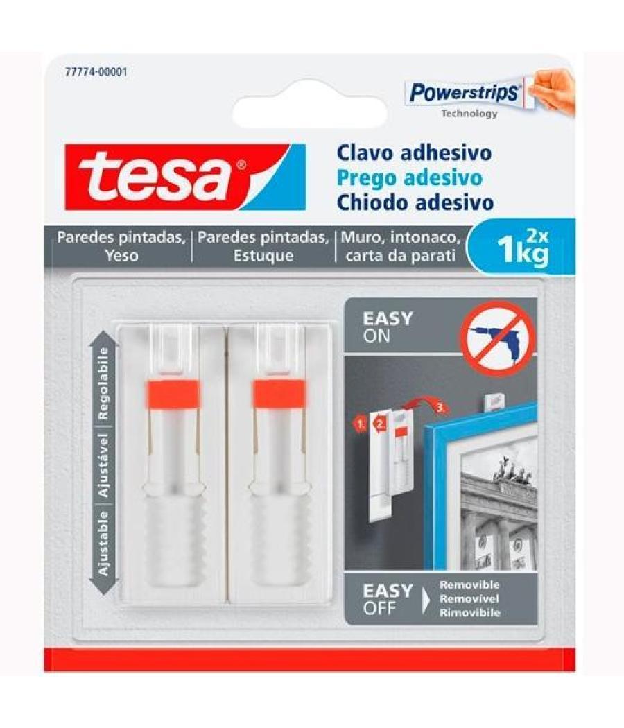 Tesa pack de 2 clavo adhesivo ajustable hasta 1kg para pared lisa