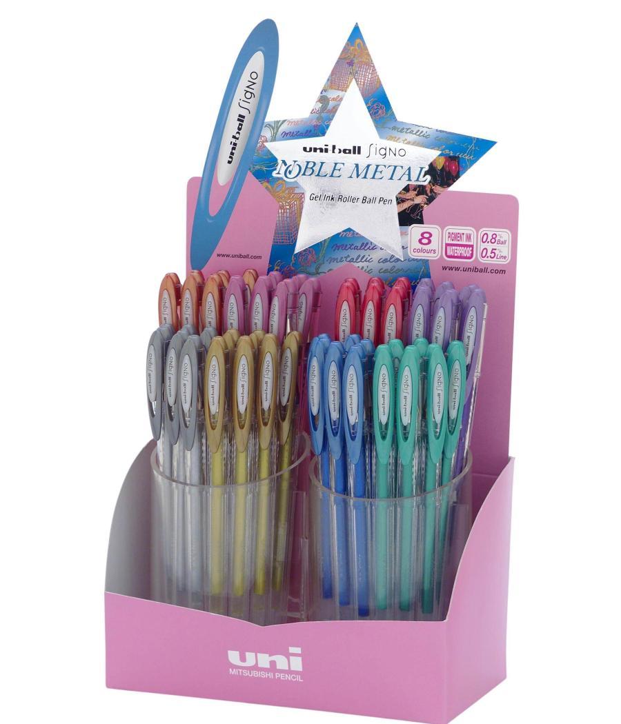 Uniball expositor rollerball signo noble metal um-120nm/4d azul-rojo-verde-rosa-violeta-plata-oro-bronce -48u-