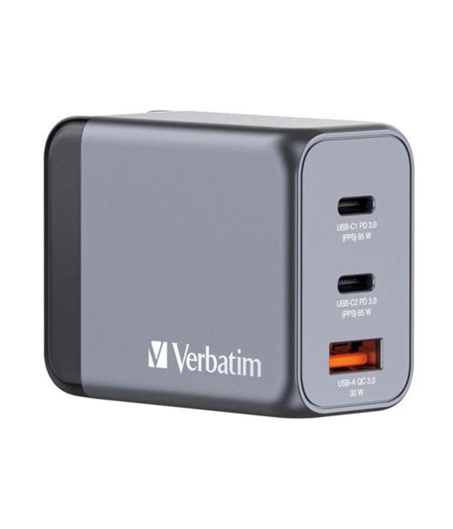 Verbatim gnc-65 cargador pared gan 65w usb-a 3.0 y 2xusb-c 3.0