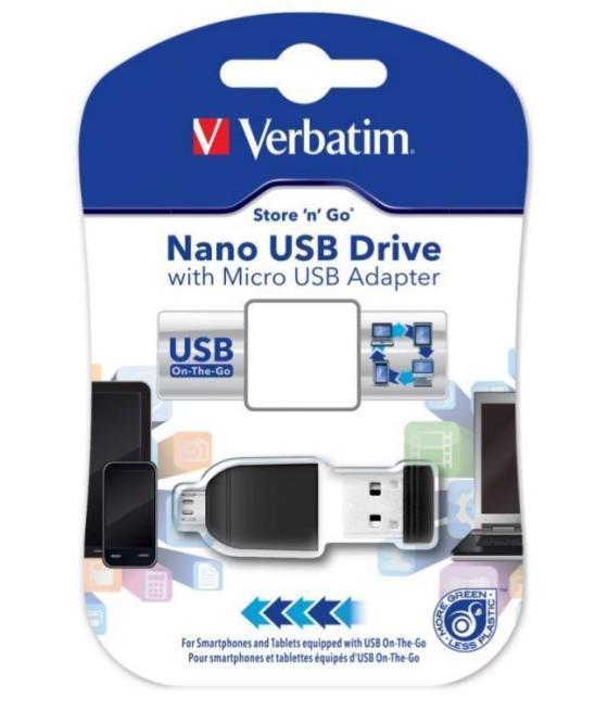 Verbatim pendrive nano on-the-go 16gb usb 2.0 otg con adaptador micro usb negro