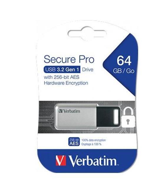 Verbatim pendrive secure pro 64gb retráctil usb 3.2 hardware encryption plata