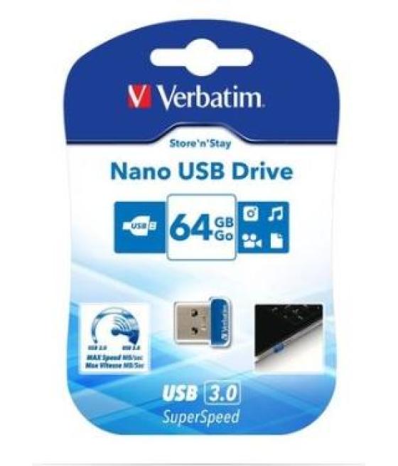 Verbatim pendrive nano store'n'stay 64gb super speed usb 3.0 azul