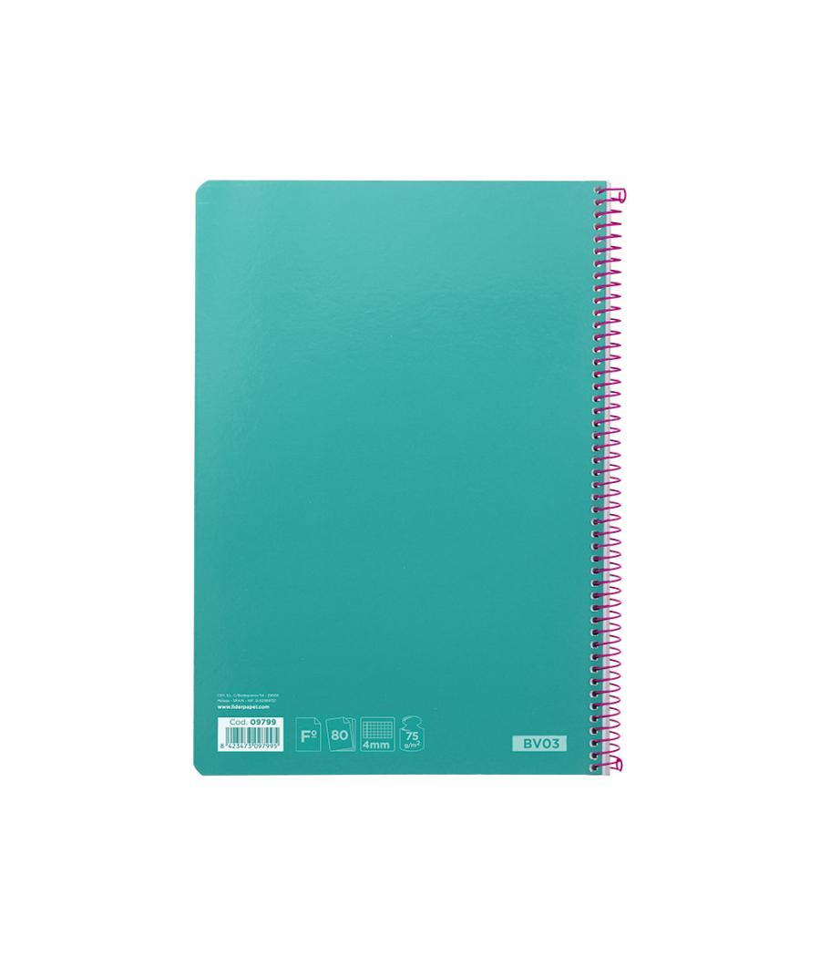 Cuaderno espiral liderpapel folio witty tapa dura 80h 75gr cuadro 4mm con margen color turquesa