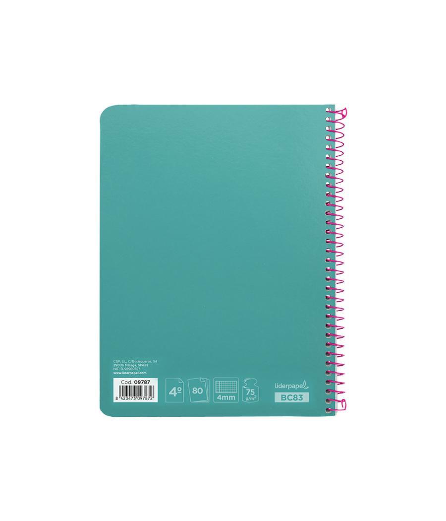 Cuaderno espiral liderpapel cuarto witty tapa dura 80h 75gr cuadro 4mm con margen color turquesa