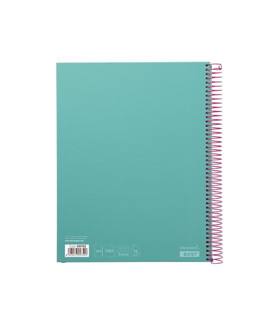 Cuaderno espiral liderpapel a4 micro jolly tapa forrada 140h 75 gr cuadro 5mm 5 bandas4 taladros color turquesa