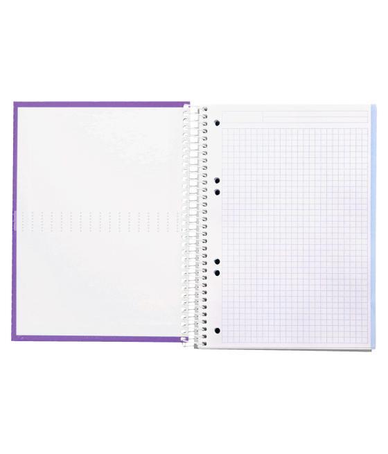 Cuaderno espiral liderpapel a5 micro crafty tapa forrada 120h 90 gr cuadro 5mm 5 bandas6 taladros color violeta