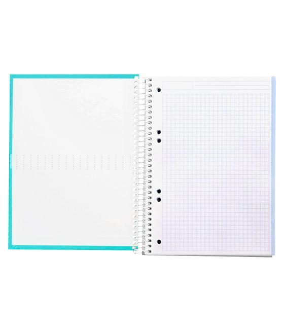 Cuaderno espiral liderpapel a5 micro crafty tapa forrada 120h 90 gr cuadro 5mm 5 bandas6 taladros color turquesa