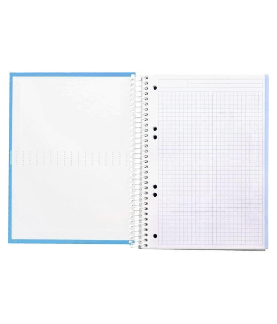 Cuaderno espiral liderpapel a5 micro crafty tapa forrada 120h 90 gr cuadro 5mm 5 bandas6 taladros color celeste