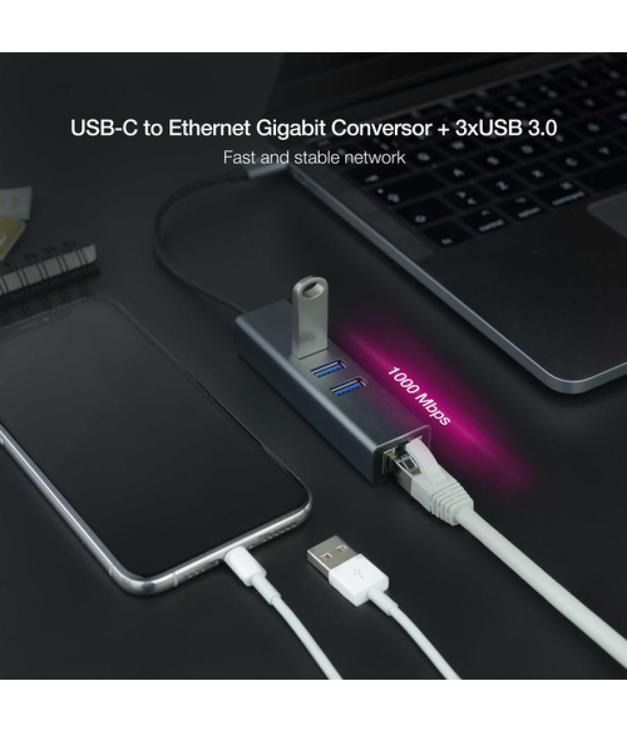 Conversor usb-c ethernet gb +3xusb3.0 gris 15 cm