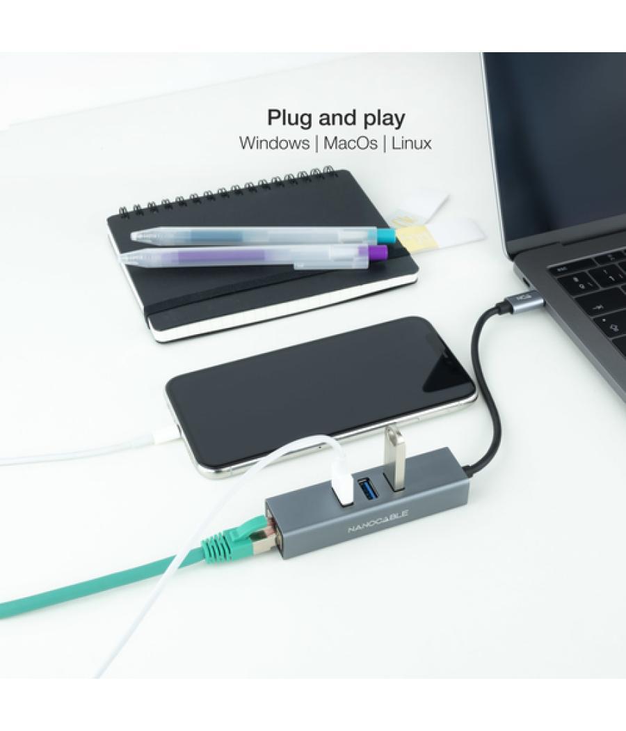 Conversor usb-c ethernet gb +3xusb3.0 gris 15 cm