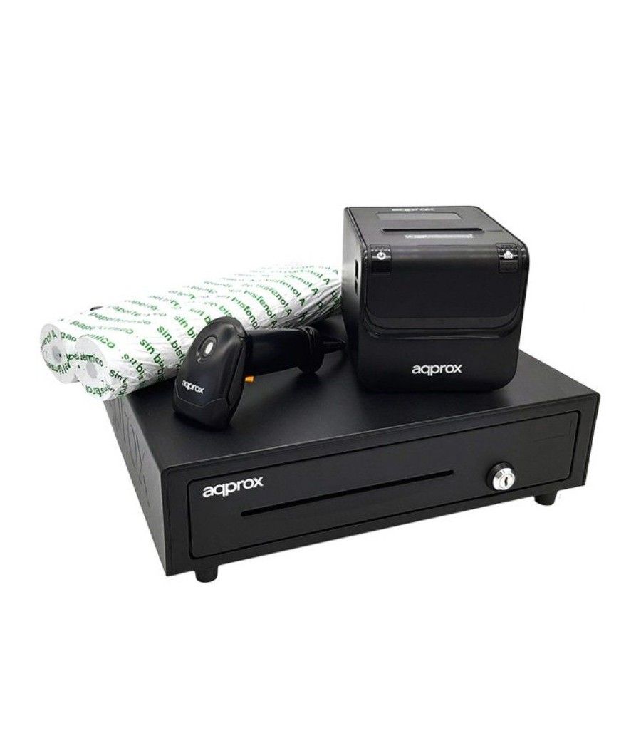 Pack approx apppospack4180 cajón portamonedas/ impresora termica/ lector de codigos y rollos termicos - Imagen 1