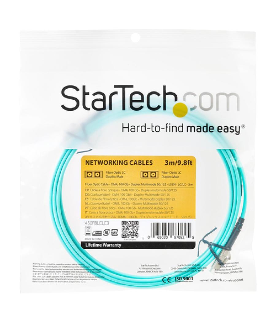 StarTech.com Cable de 3m de Fibra Óptica Multimodo LC/UPC a LC/UPC OM4 - 50/125µm - Fibra LOMMF/VCSEL - Redes de 100G - Cable LS