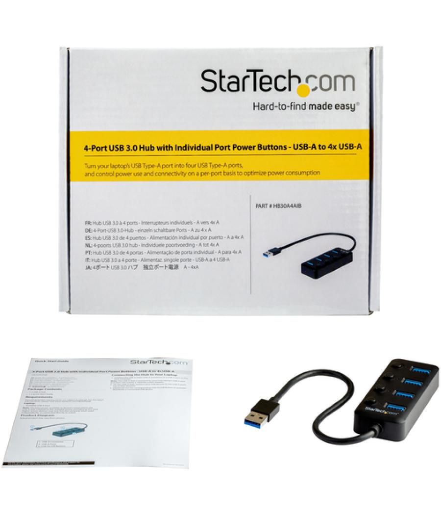 StarTech.com Hub Ladrón USB 3.0 4 Puertos - USB-A a USB 3.0 Tipo A con Interruptores Individuales de Encendido/Apagado - USB 3.2