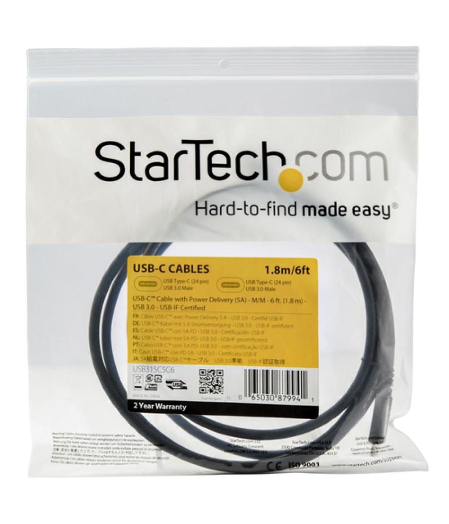 StarTech.com Cable de 1,8m USB-C a USB-C - PD de 5A - USB TipoC - Certificado para Funcionar con Chromebook - USB-IF - M a M - C