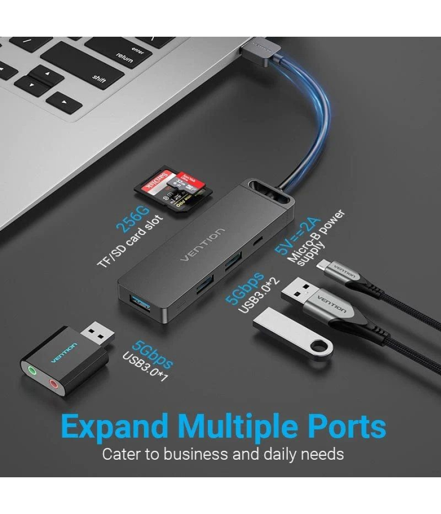 Docking usb 3.0 vention chvbb/ 3xusb/ 1xmicrousb pd/ 1xlector tarjetas/ negro
